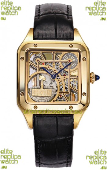 Cartier Santos Dumont Skeleton Yellow Gold Watch in Black Leather Strap 43.5MM