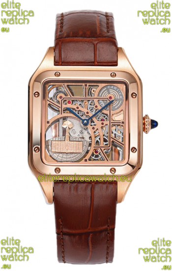 Cartier Santos Dumont Skeleton Rose Gold Watch in Brown Leather Strap 43.5MM