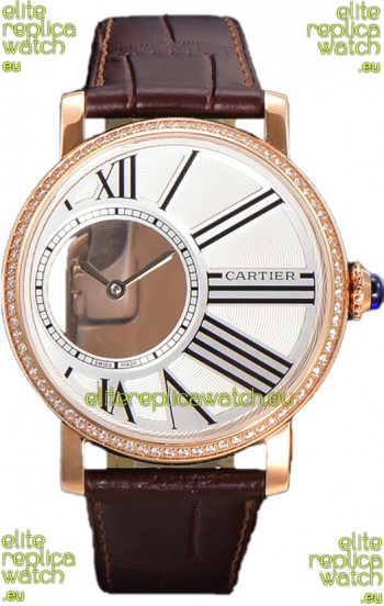 Rotonde De Cartier in Rose Gold Casing - Leather Strap Swiss Quartz Replica Watch 