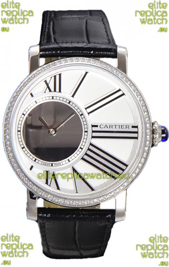 Rotonde De Cartier in Stainless Steel Casing - Leather Strap Swiss Quartz Replica Watch 