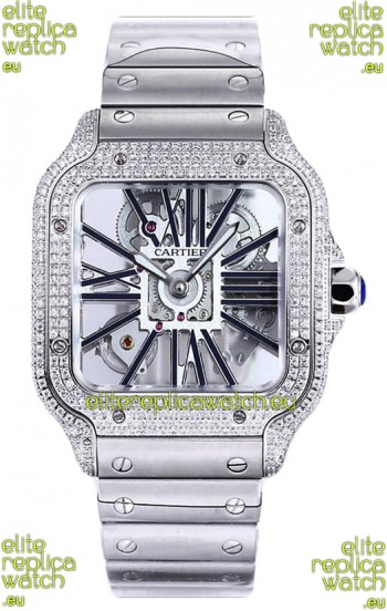 Santos De Cartier Watch in Skeleton Dial - Diamonds Bezel in Steel Casing Swiss Replica