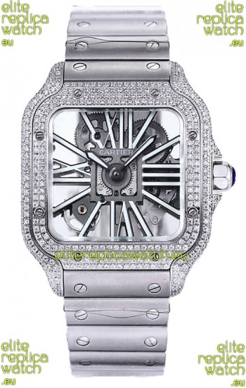 Santos De Cartier Watch in Skeleton Dial - Diamonds Bezel in Steel Casing Swiss Replica