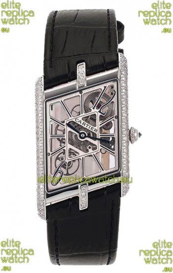 Cartier Tank Asymétrique Stainless Steel Casing Diamonds Bezel Watch in Leather Strap Swiss Replica