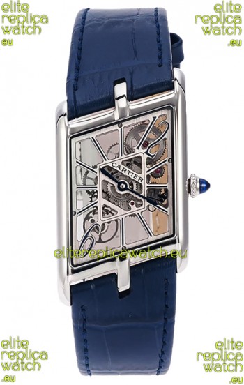 Cartier Tank Asymétrique Stainless Steel Casing Blue Strap Watch in Leather Strap Swiss Replica