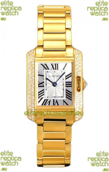Cartier Tank Anglaise Yellow Gold Watch in Steel Strap Diamonds Bezel Swiss Quartz Watch 30MM