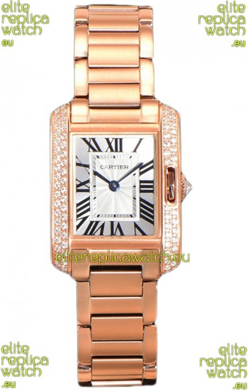 Cartier Tank Anglaise Rose Gold Watch in Steel Strap Diamonds Bezel Swiss Quartz Watch 30MM