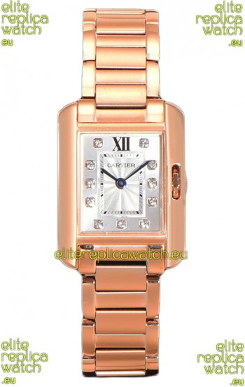 Cartier Tank Anglaise Rose Gold Watch in Steel Strap Diamonds Markers Swiss Quartz Watch 30MM
