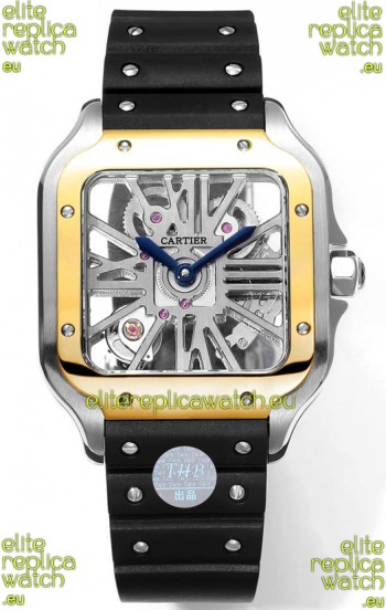 Santos De Cartier Watch in Skeleton Dial - Two Tone Bezel in Rubber Strap 