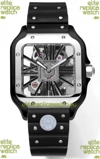 Santos De Cartier Watch in Skeleton Dial - DLC Coated Casing & Steel Strap in Rubber Strap