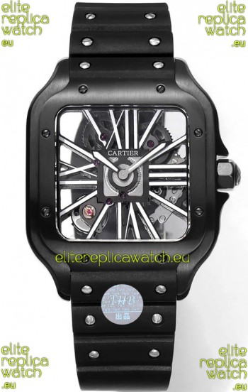Santos De Cartier Watch in Skeleton Dial - DLC Coated Casing & Bezel in Rubber Strap