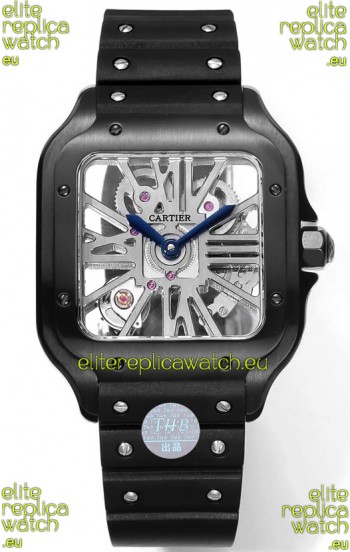 Santos De Cartier Watch in Skeleton Dial - DLC Coated Casing in Rubber Strap