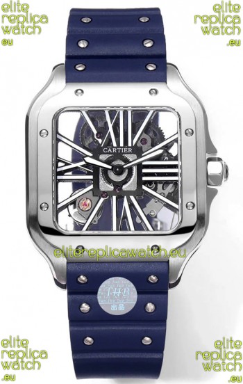 Santos De Cartier Watch in Skeleton Dial - Stainless Steel Casing Blue Rubber Strap
