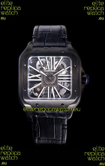 Cartier Santos DUMONT Skeleton Watch in Black DLC Coated Casing Swiss Movement Watch 