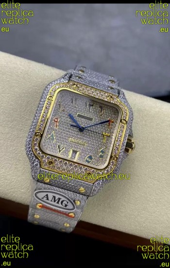 Cartier "Santos De Cartier" 904L Steel Diamonds Colored Arabic Dial 1:1 Mirror Replica - 40MM - Genuine Diamonds