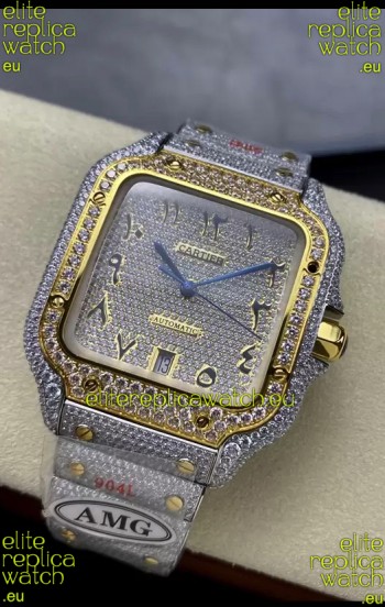 Cartier "Santos De Cartier" 904L Steel Diamonds Gold Arabic Dial 1:1 Mirror Replica - 40MM - Genuine Diamonds
