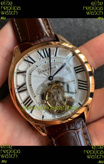 Drive De Cartier Yellow Gold Tourbillon Super clone Replica Watch in White Dial 