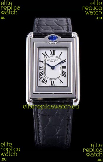 Cartier Tank Reversible Swiss Quartz Replica Watch in Steel Casing - Black Strap