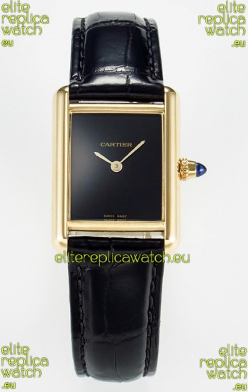 Tank Must Cartier Super Clone Edition 29MM Watch in Yellow Gold Casing Black Dial 