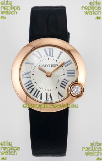 Ballon Blanc De Cartier Super Clone Watch 30MM in Rose Gold Casing Black Strap