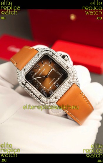 Santos De Cartier Watch in Brown Dial 39.50MM MOSSANITES Paved Bezel Swiss Replica Watch