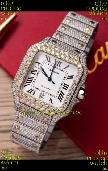 Santos De Cartier Watch in White Dial MOSSANITES Paved Edition Swiss Replica Watch