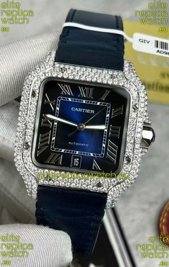 Santos De Cartier Watch in Blue Dial 39.50MM MOSSANITES Paved Bezel Swiss Replica Watch