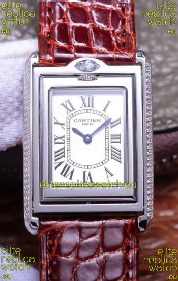 Cartier Tank Reversible Swiss Quartz Replica Watch in Steel Casing - Brown Strap