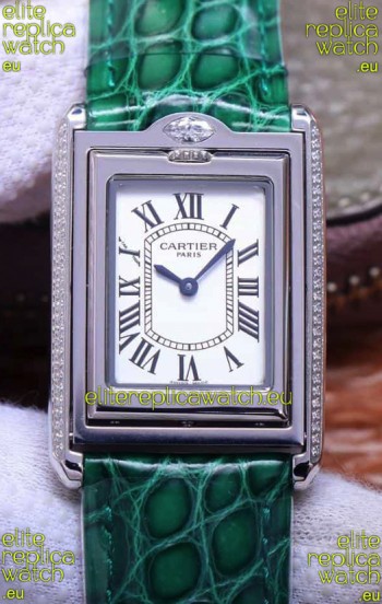 Cartier Tank Reversible Swiss Quartz Replica Watch in Steel Casing - Green Strap