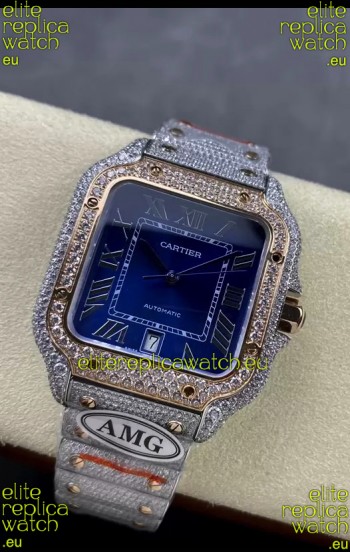 Cartier "Santos De Cartier" Two Tone Blue Dial 1:1 Mirror Replica - 40MM - Genuine Diamonds