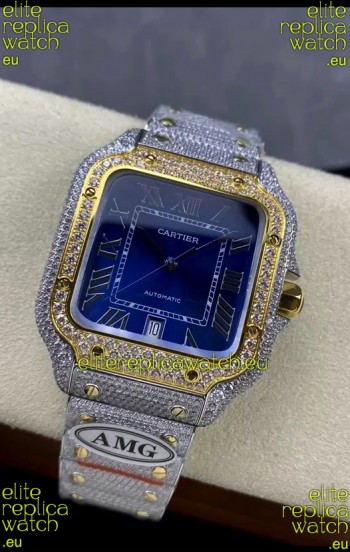 Cartier "Santos De Cartier" Two Tone Blue Dial 1:1 Mirror Replica - 40MM - Genuine Diamonds