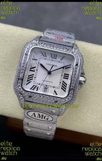 Cartier "Santos De Cartier" 904L Steel White Dial 1:1 Mirror Replica - 40MM - Genuine Diamonds