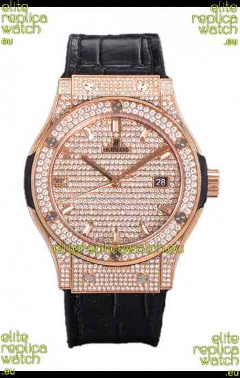 Hublot Classic Fusion Automatic Rose Gold Diamonds Paved Dial Grey Strap 42MM Superclone Replica Watch 