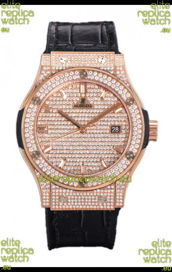 Hublot Classic Fusion Automatic Rose Gold Diamonds Paved Dial Black Strap 42MM Superclone Replica Watch 