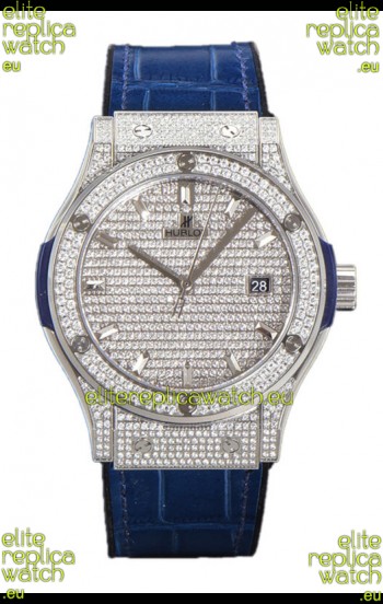 Hublot Classic Fusion Automatic Steel Diamonds Paved Dial Blue Strap 42MM Superclone Replica Watch 
