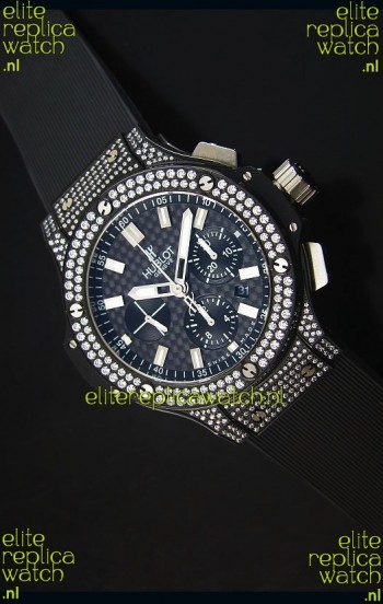 Hublot Big Bang Carbon Dial Diamonds Studded PVD Case Swiss Watch 