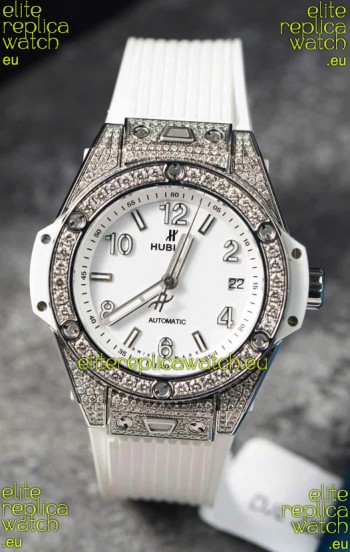 Hublot Big Bang One Click Mossanites Paved Casing Swiss Replica Watch White Dial