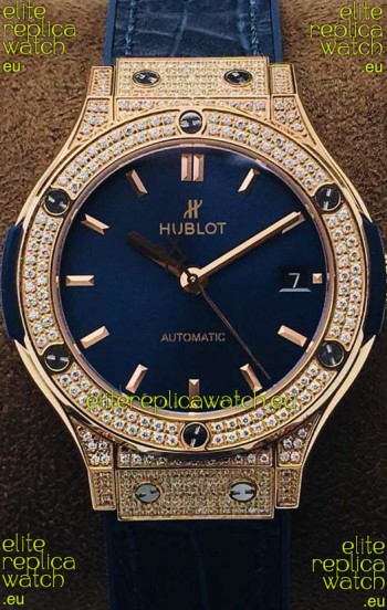 Hublot Classic Fusion Diamonds Rose Gold Blue Dial 38MM Swiss Replica Watch 1:1 Mirror Quality