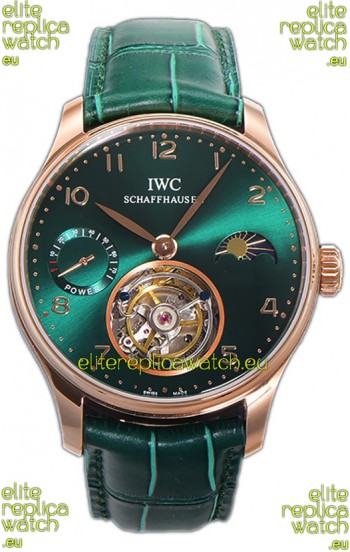 IWC Portugese Hand-Wound Genuine Tourbillon Green Dial Rose Gold Casing Swiss Replica Watch 