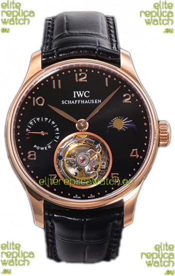 IWC Portugese Hand-Wound Genuine Tourbillon Black Dial Rose Gold Casing Swiss Replica Watch 