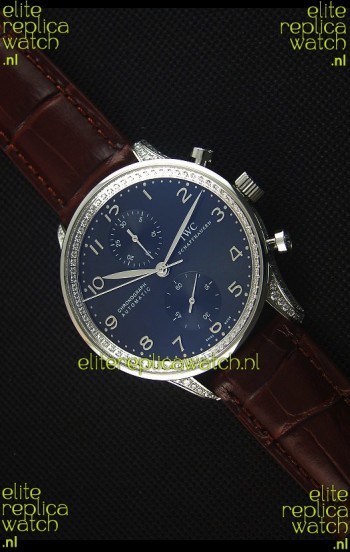 IWC Portuguese Chronograph Black Dial Brown Strap with Diamonds 1:1 Mirror Replica Watch