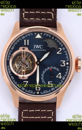IWC Portuguese Genuine Swiss Tourbillon Movement Rose Gold Watch in Blue Dial 