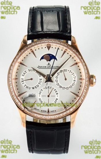 Jaeger LeCoultre Super Clone Master Ultra-Thin Perpetual Calendar White Dial Diamonds Bezel Watch