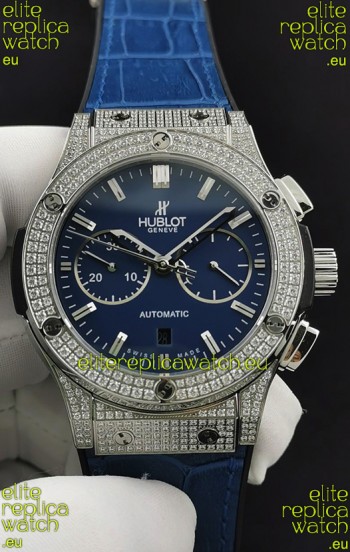 Hublot Classic Fusion Chronograph Steel Diamonds Casing Blue Dial 1:1 Mirror Replica Watch 