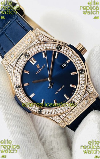 Hublot Classic Fusion Diamonds Rose Gold Steel Blue Dial Swiss Replica Watch 1:1 Mirror Quality 