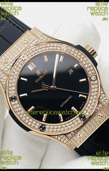 Hublot Classic Fusion Diamonds Rose Gold Black Dial Swiss Replica Watch 1:1 Mirror Quality 