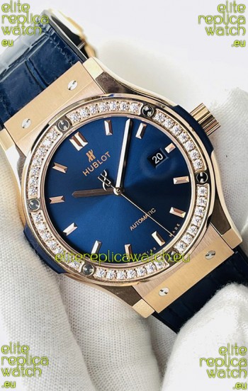 Hublot Classic Fusion Rose Gold Steel Blue Dial Swiss Replica Watch 1:1 Mirror Quality 