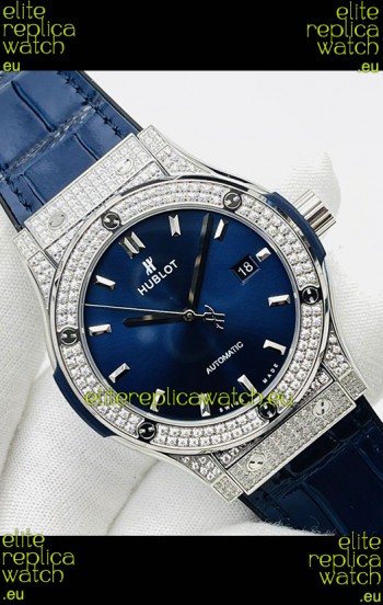 Hublot Classic Fusion Stainless Steel Diamonds Blue Dial Swiss Replica Watch 1:1 Mirror Quality 