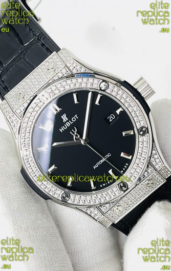 Hublot Classic Fusion Stainless Steel Diamonds Black Dial Swiss Replica Watch 1:1 Mirror Quality 