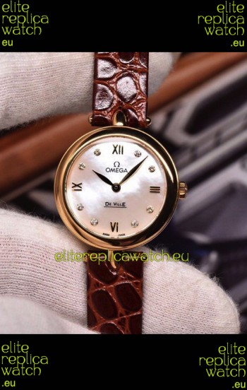 Omega De Ville Prestige Dewdrop Edition Swiss Quartz Watch in Rose Gold Brown Strap
