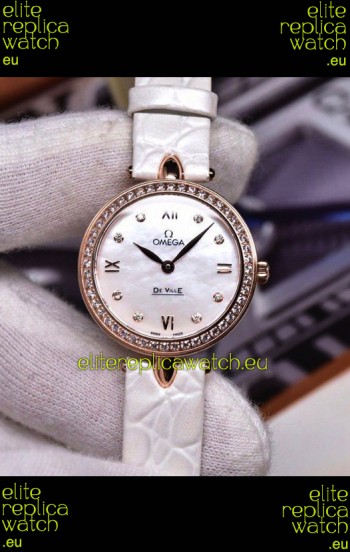 Omega De Ville Prestige Dewdrop Edition Swiss Quartz Watch in Rose Gold White Strap